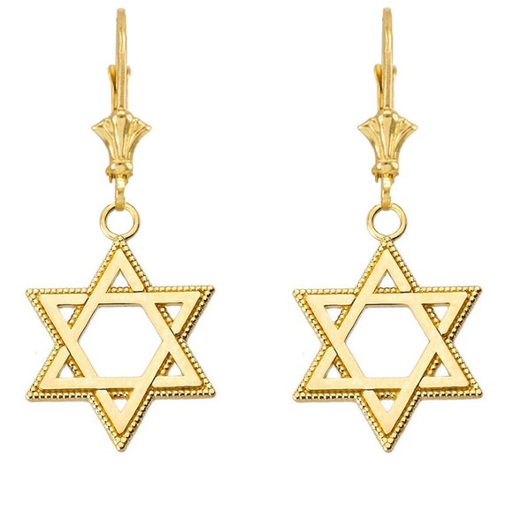 14K Solid Fine Gold Jewish Star of David Earrings